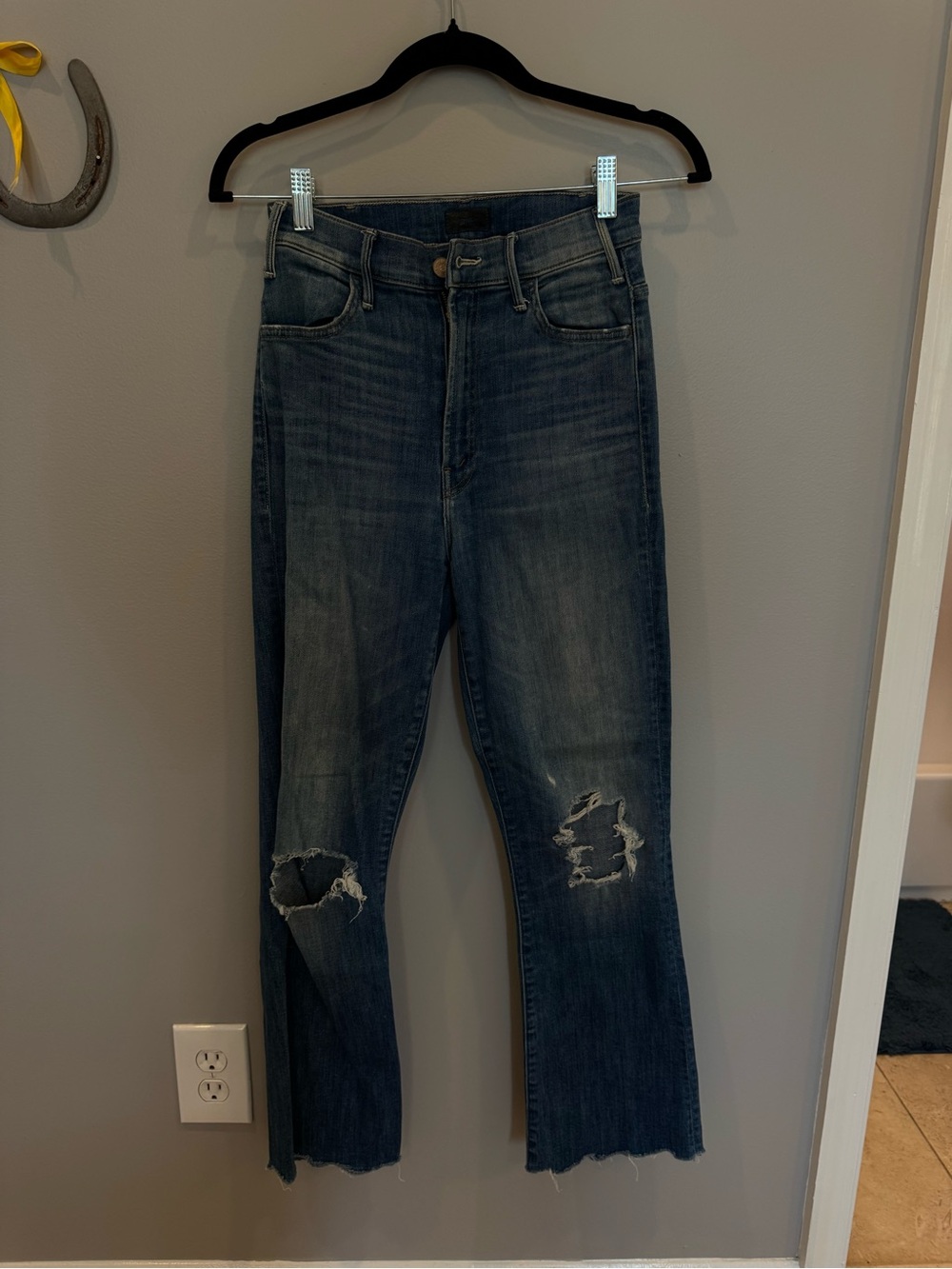 Mother Distressed Dark Wash Straight Jeans